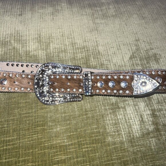 Nocona Brown Calf Hair Leather Studded Iridescent Rhinestone Belt M 32.5-38.5” - Picture 2 of 16